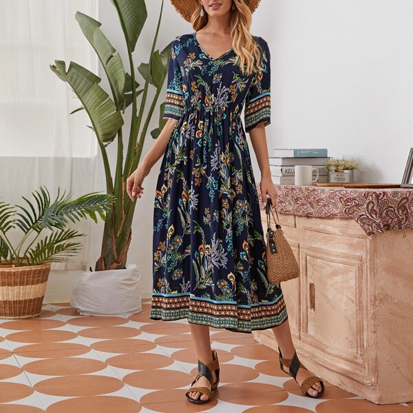 

V-neck Floral Print Dress, Multicolor