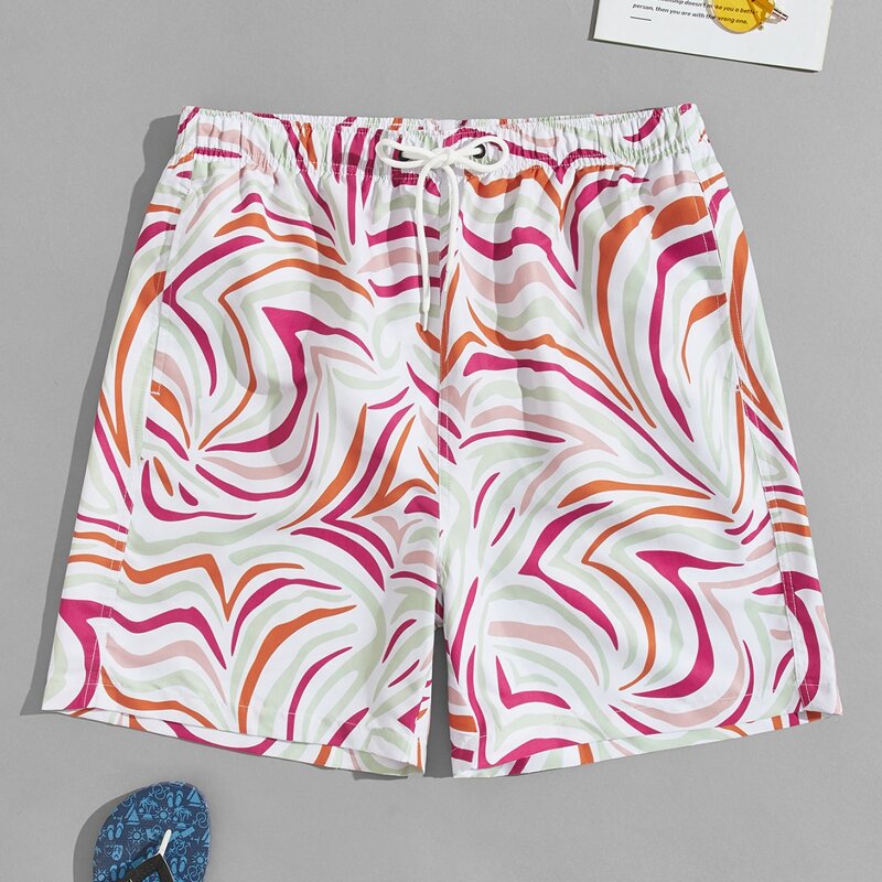 

Guys Allover Print Drawstring Waist Swim Trunks, Multicolor