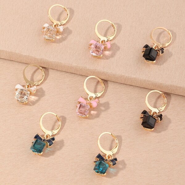 

4pairs Girls Geometric Zircon Charm Drop Earrings, Multicolor