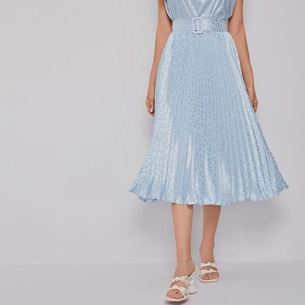 

Leopard Jacquard Pleated Belted Skirt, Baby blue