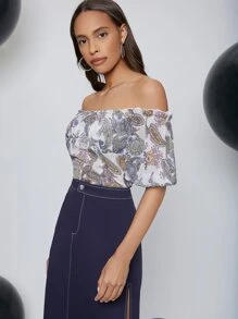 SHEIN Paisley Print Off Shoulder Shirred Back Top - Multicolor - View 4