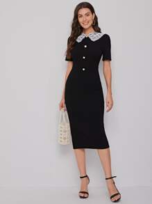 SHEIN Clasi Contrast Lace Button Front Bodycon Dress Workwear - Black - View 3