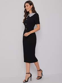 SHEIN Clasi Contrast Lace Button Front Bodycon Dress Workwear - Black - View 4