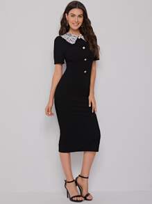 SHEIN Clasi Contrast Lace Button Front Bodycon Dress Workwear - Black - View 5