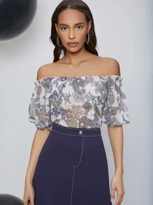 SHEIN Paisley Print Off Shoulder Shirred Back Top - Multicolor - View 1