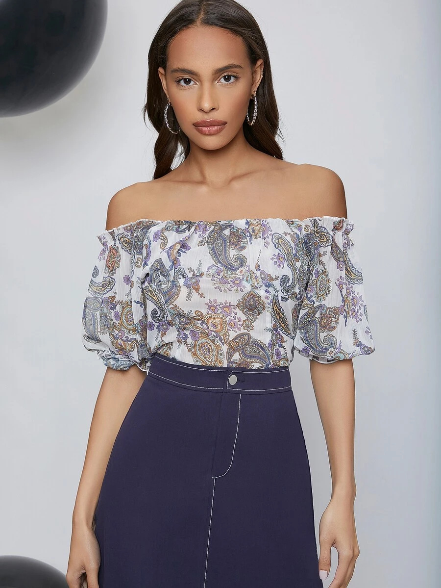SHEIN Paisley Print Off Shoulder Shirred Back Top - Multicolor - View 1