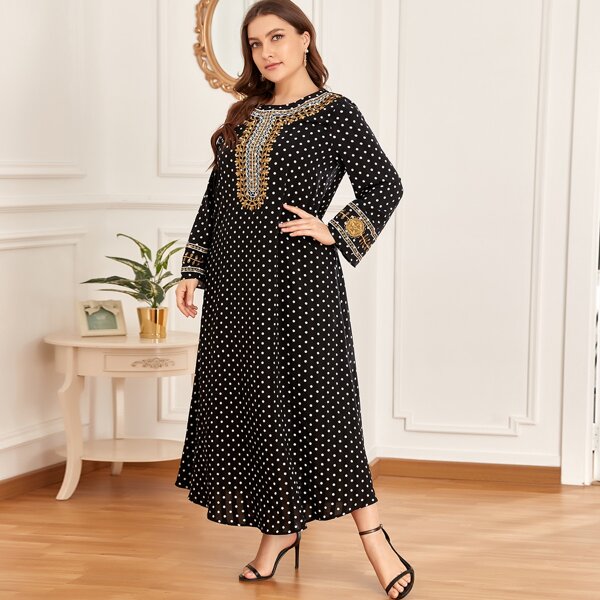 

Plus Leaf Embroidery Polka Dot Tunic Dress, Black