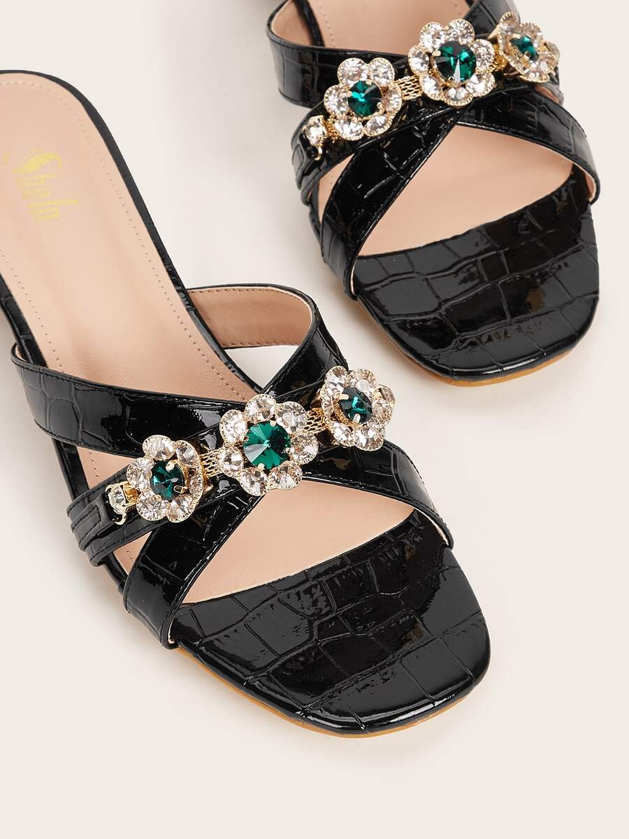 Rhinestone Decor Chunky Mules - Black - View 1