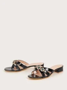 Rhinestone Decor Chunky Mules - Black - View 3