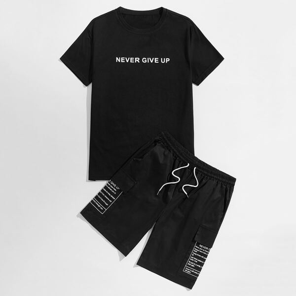 

Men Slogan Graphic Tee With Flap Pockets Shorts, Black