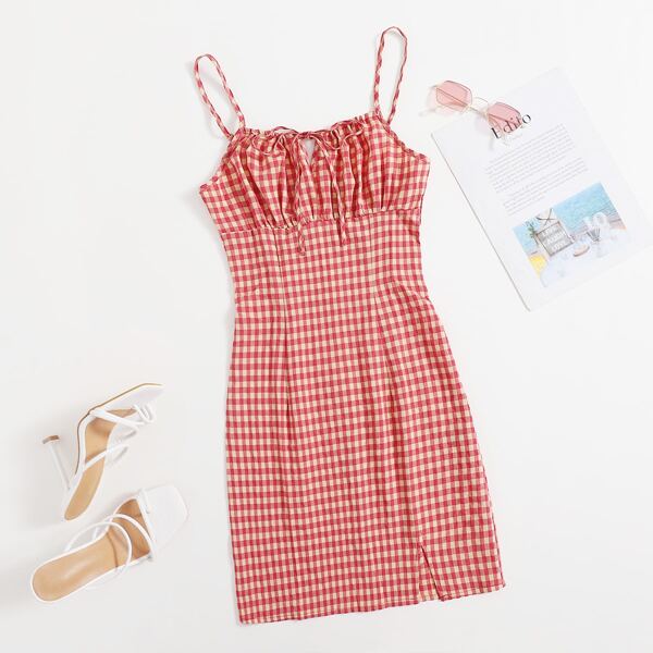 

Tie Front Buffalo Plaid Cami Dress, Multicolor
