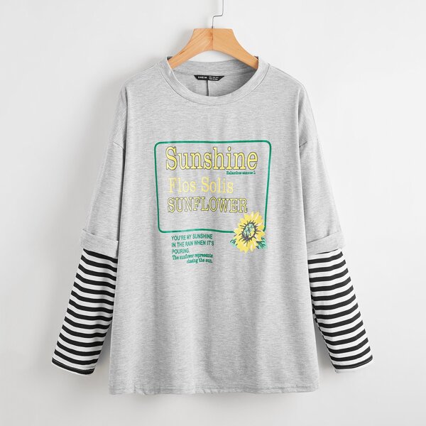 

Slogan Graphic Contrast Sleeve Tee, Light grey