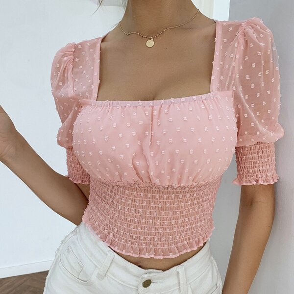 

Swiss Dot Square Neck Shirred Top, Baby pink