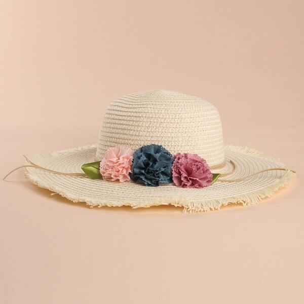 

Toddler Girls Flower Decor Straw Hat, Beige