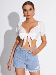 SHEIN VCAY 網眼刺繡蕾絲上衣 - 白色 - 查看 1