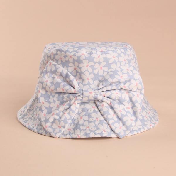 

Toddler Girls Bow Decor Flower Print Bucket Hat, Baby blue