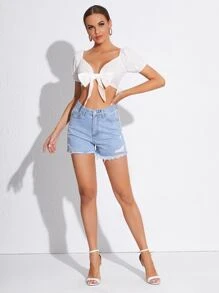 SHEIN VCAY 網眼刺繡蕾絲上衣 - 白色 - 查看 3