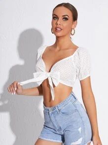 SHEIN VCAY 網眼刺繡蕾絲上衣 - 白色 - 查看 4