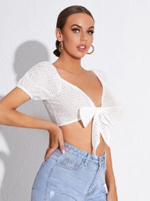 SHEIN VCAY 網眼刺繡蕾絲上衣 - 白色 - 查看 5