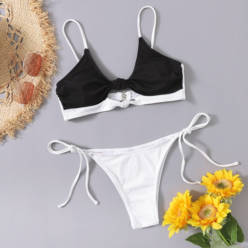 

Color Block Knot Bikini Swimsuit, Black and white
