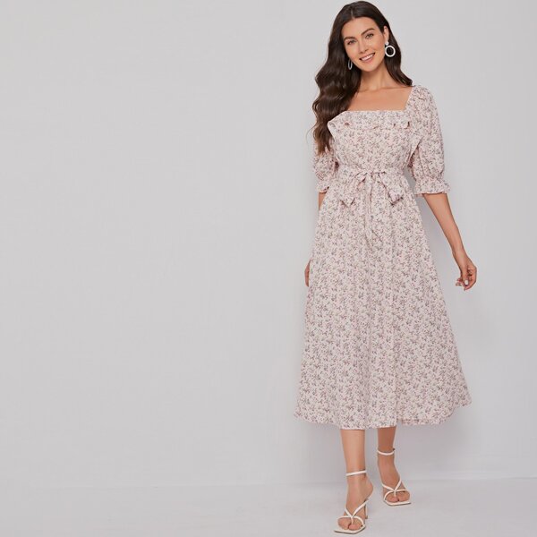 

Ruffle Trim Self Belted Ditsy Floral Dress, Multicolor