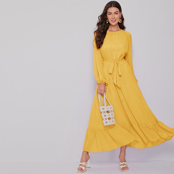

Raglan Lantern Sleeve Flounce Hem Swiss Dot Dress, Yellow
