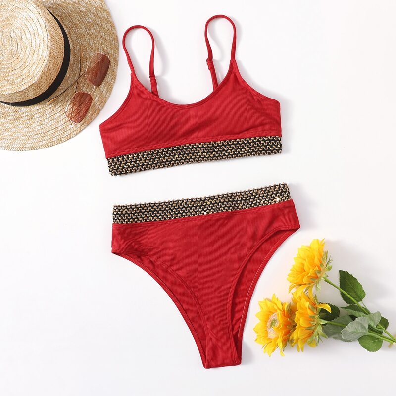 

Braided Trim Rib Bikini Swimsuit, Red