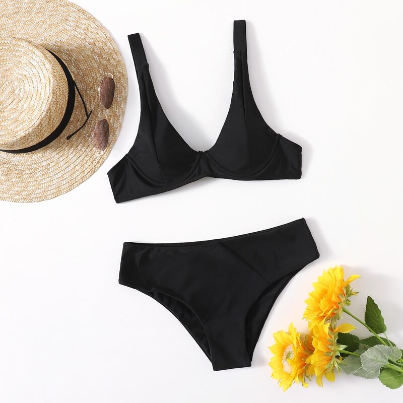 

Simple Solid Bikini Swimsuit, Black