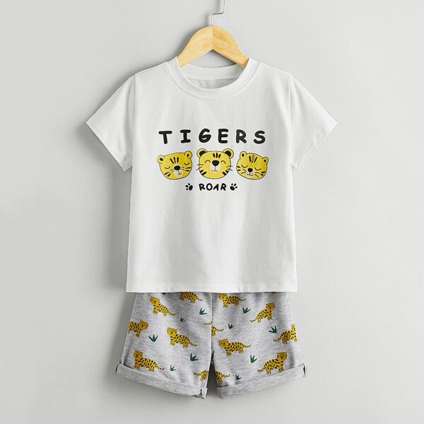 

Toddler Boys Tiger and Letter Print Top & Shorts Set, Multicolor