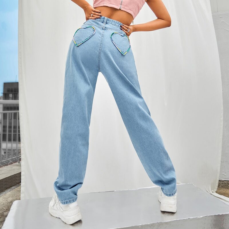 

Heart Detail High Waist Jeans, Light wash