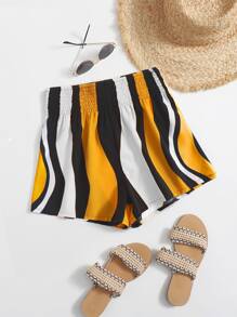 SHEIN Shirred Waist Striped Shorts - Multicolor - View 1
