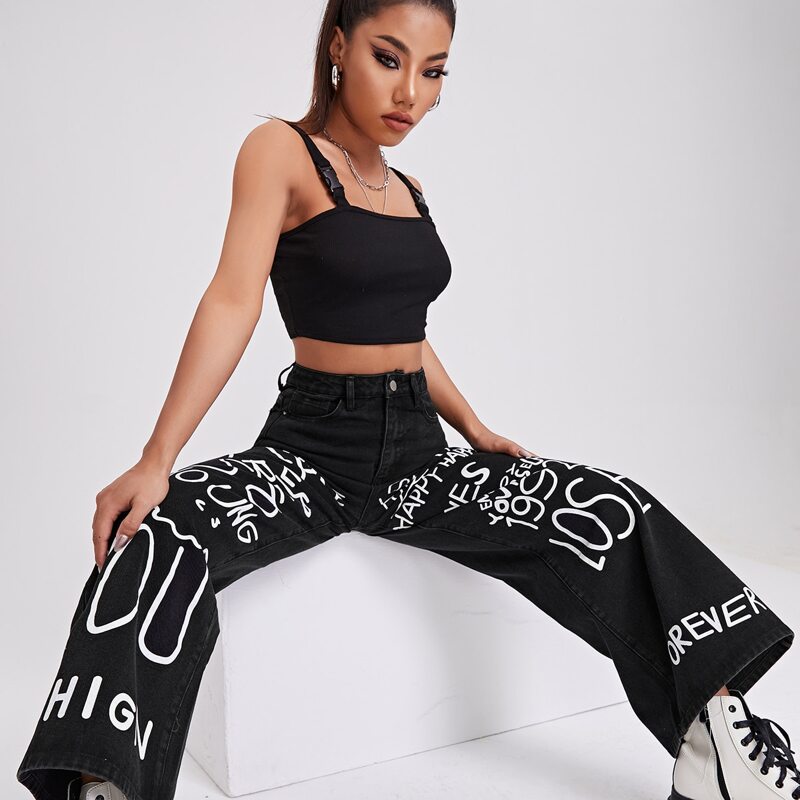 

High Waist Slogan Graphic Wide Leg Jeans, Black