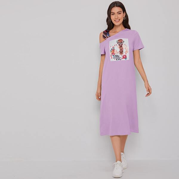 

Knotted Detail Asymmetrical Neck Figure Patched Dress, Lilac purple