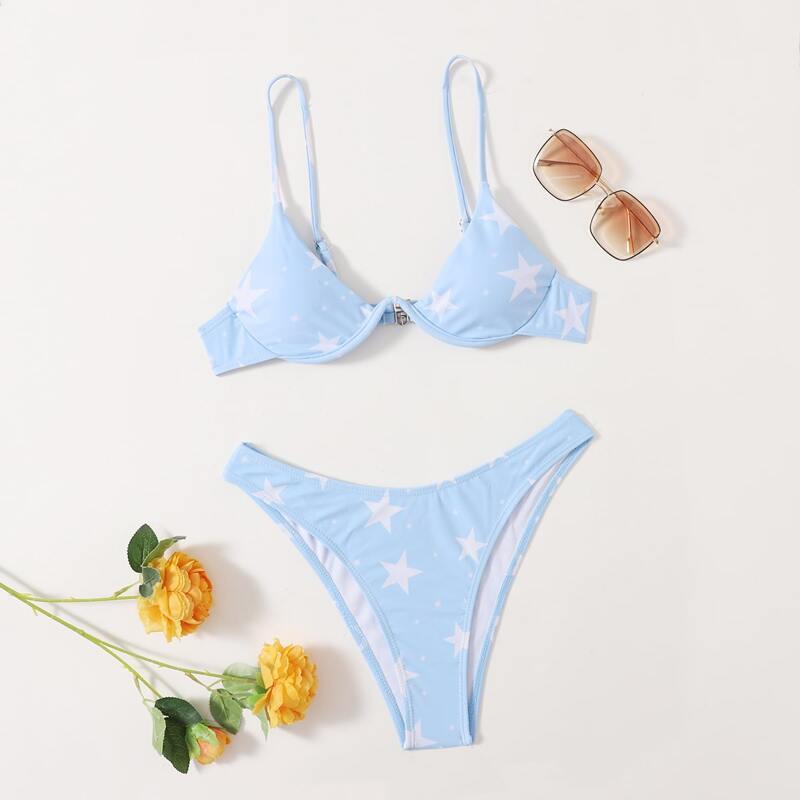

Star Print Bikini Swimsuit, Baby blue