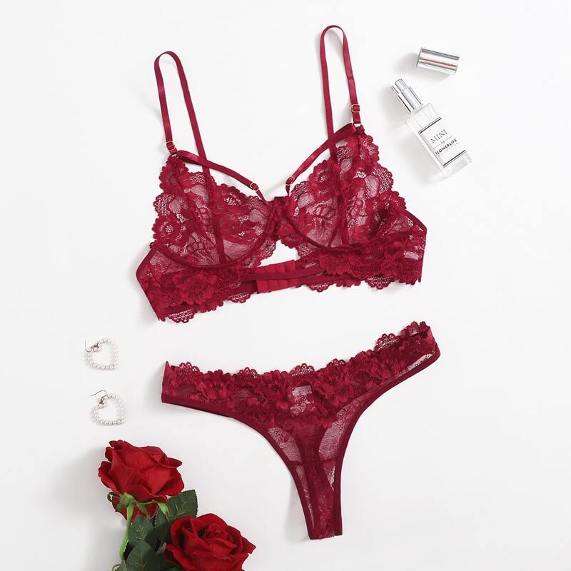

Floral Lace Harness Lingerie Set, Burgundy