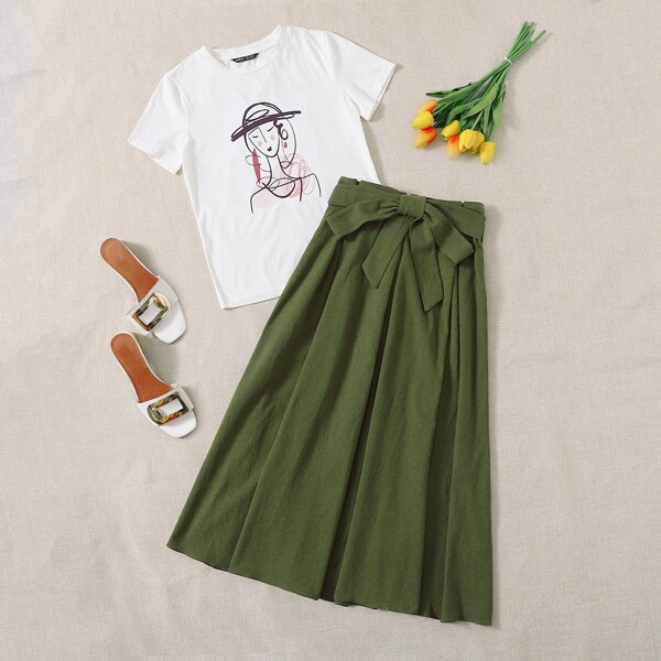 

Figure Graphic Tee & Paperbag Waist Belted Skirt Set, Multicolor
