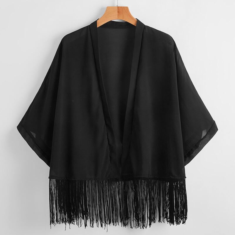 

Solid Tassel Hem Kimono, Black