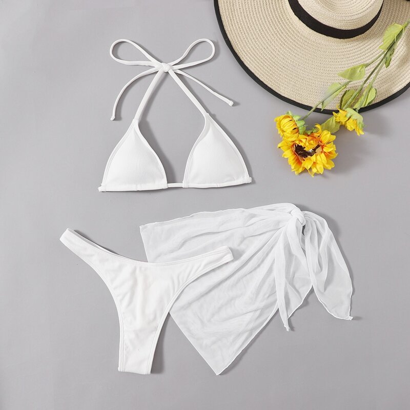 

3pack Rib Bikini Swimsuit With Beach Skirt, White
