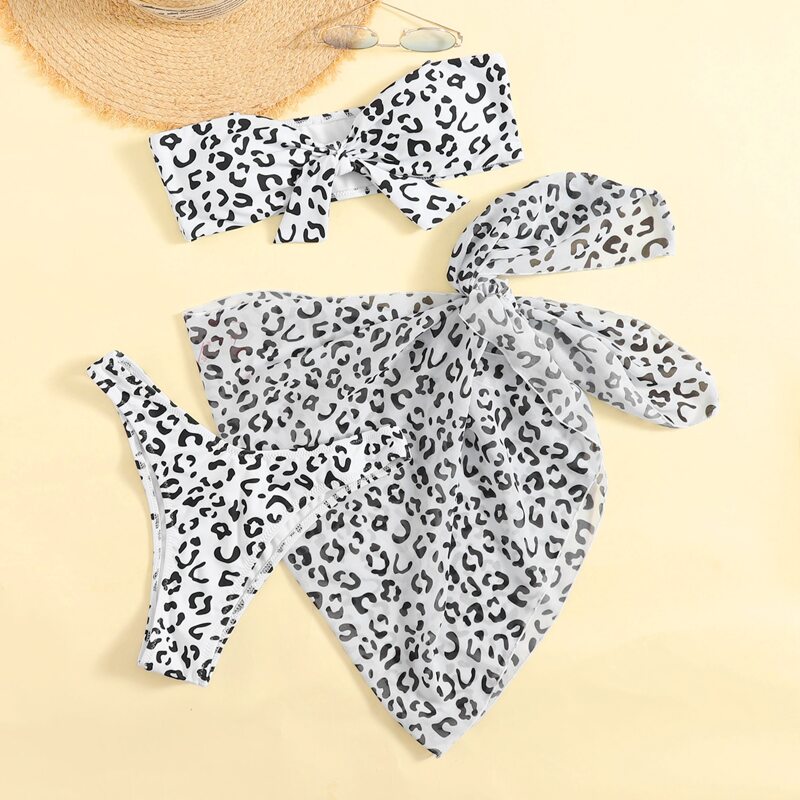 

3pack Leopard Bikini Swimsuit With Beach Skirt, Black and white