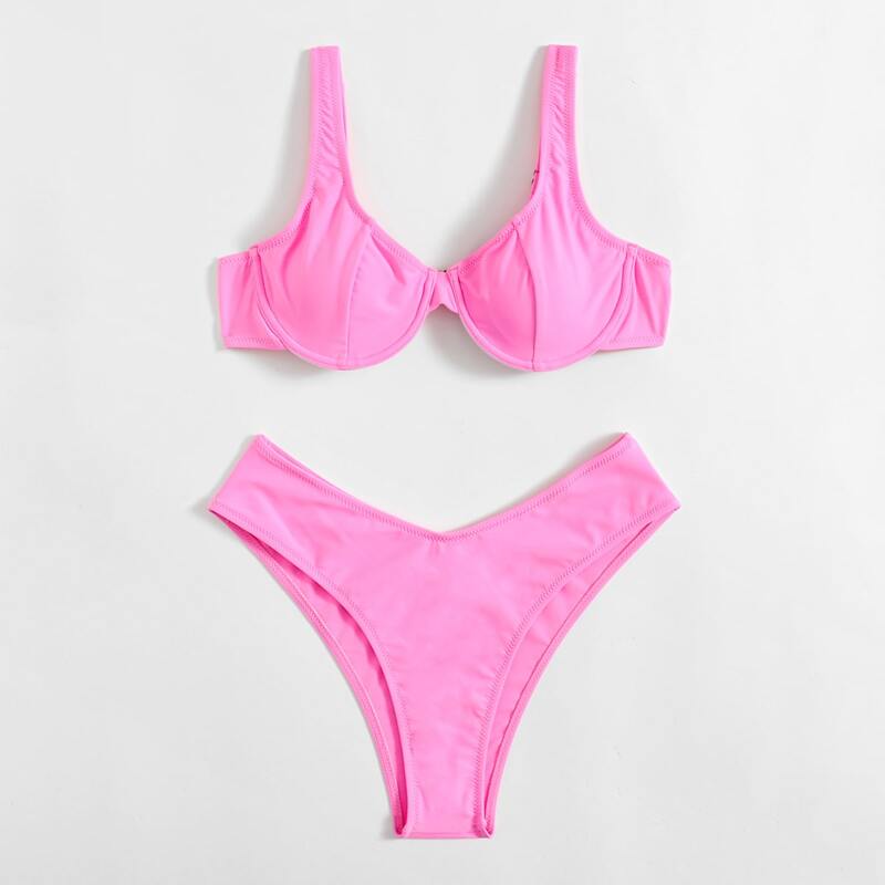 Solid Underwire Bikini Swimsuit, Pink