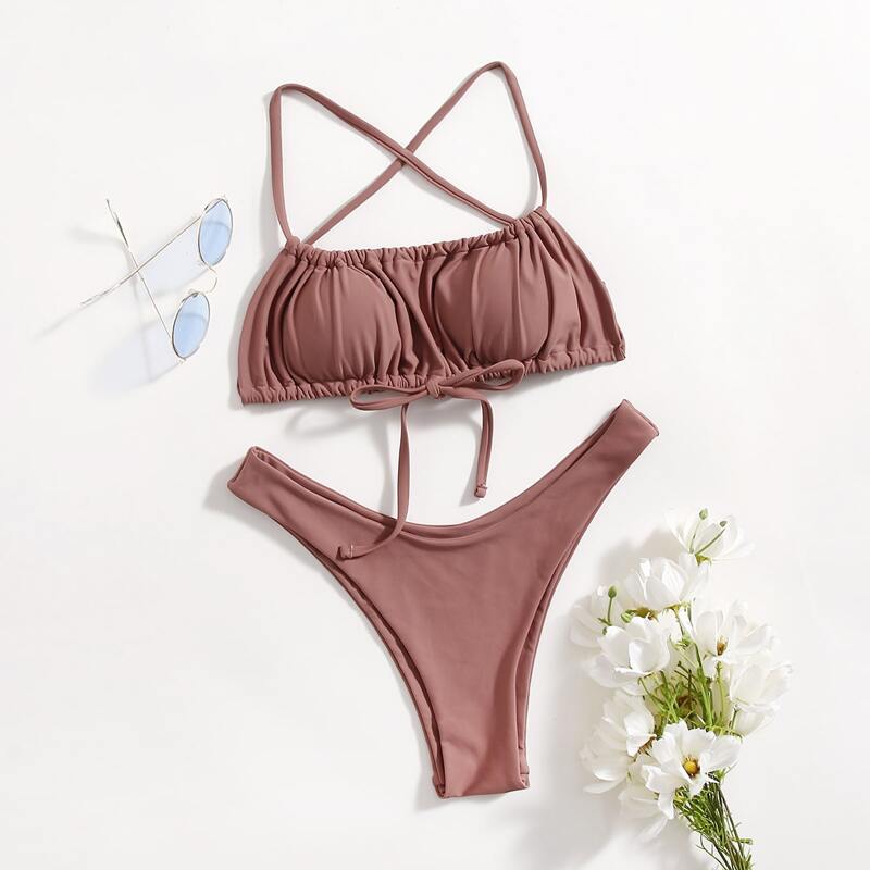 

Ruched High Leg Bikini Swimsuit, Brown