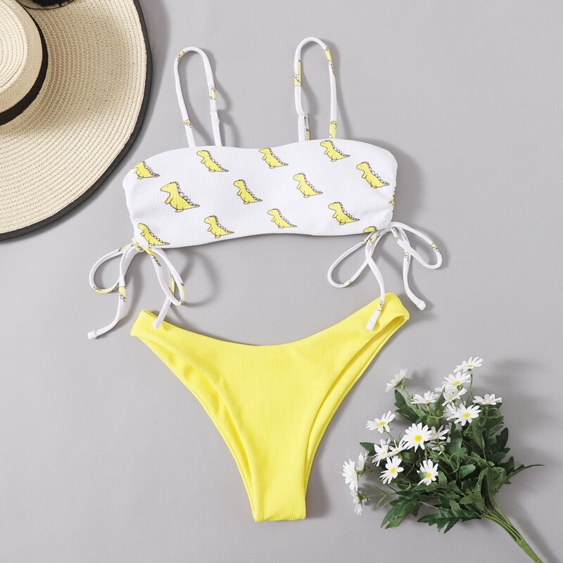 

Dinosaur Print Drawstring Side Bikini Swimsuit, Yellow