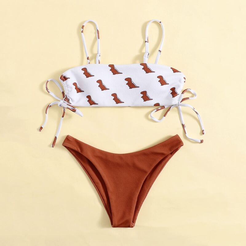 

Dinosaur Print Drawstring Side Bikini Swimsuit, Multicolor