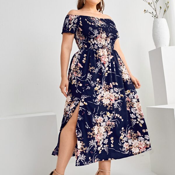 

Plus Bardot Shirred Split Thigh Floral Dress, Multicolor