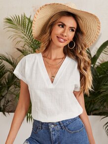 SHEIN LUNE Batwing Sleeve Solid Top - White - View 1