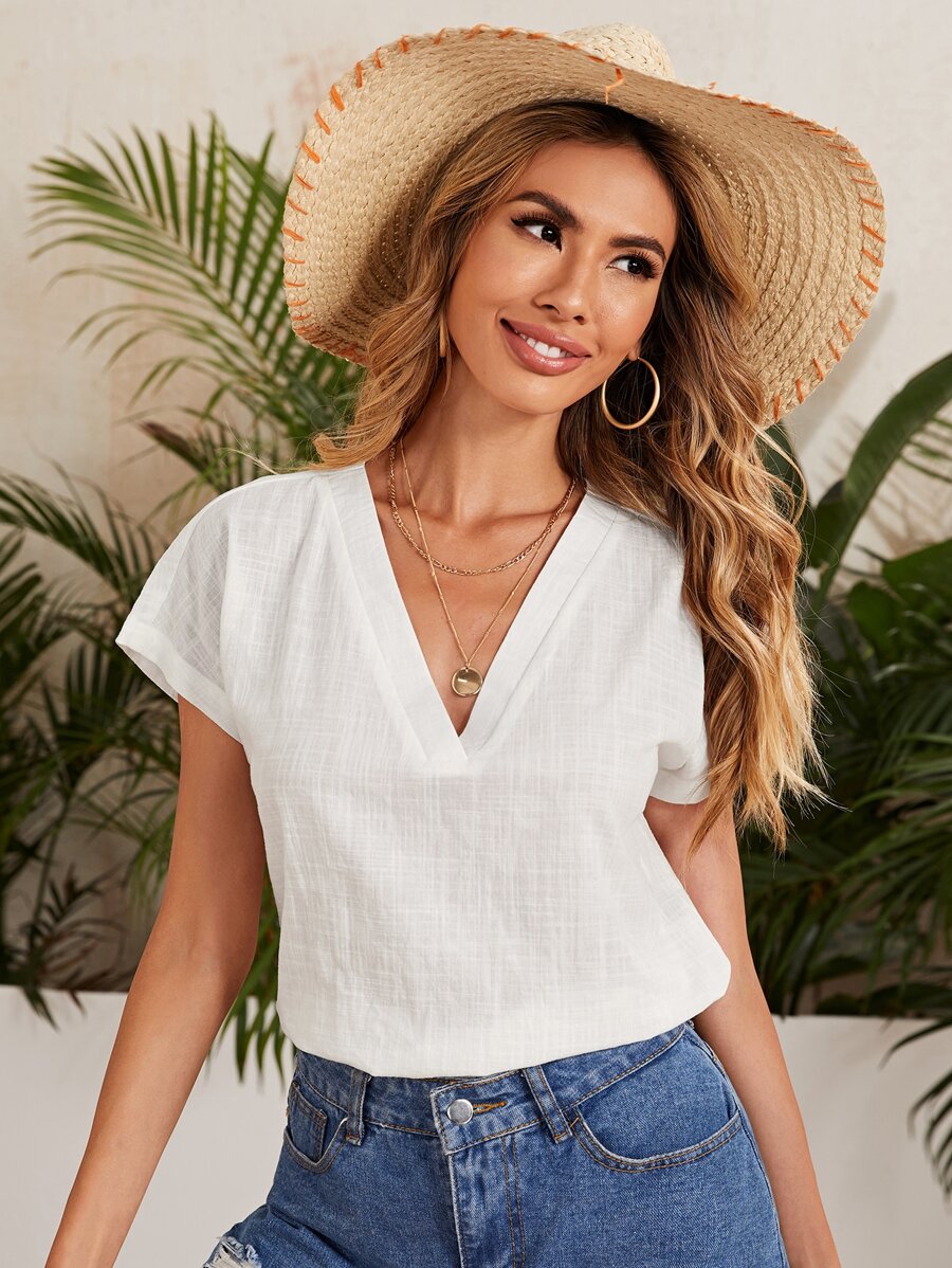 SHEIN LUNE Batwing Sleeve Solid Top - White - View 1