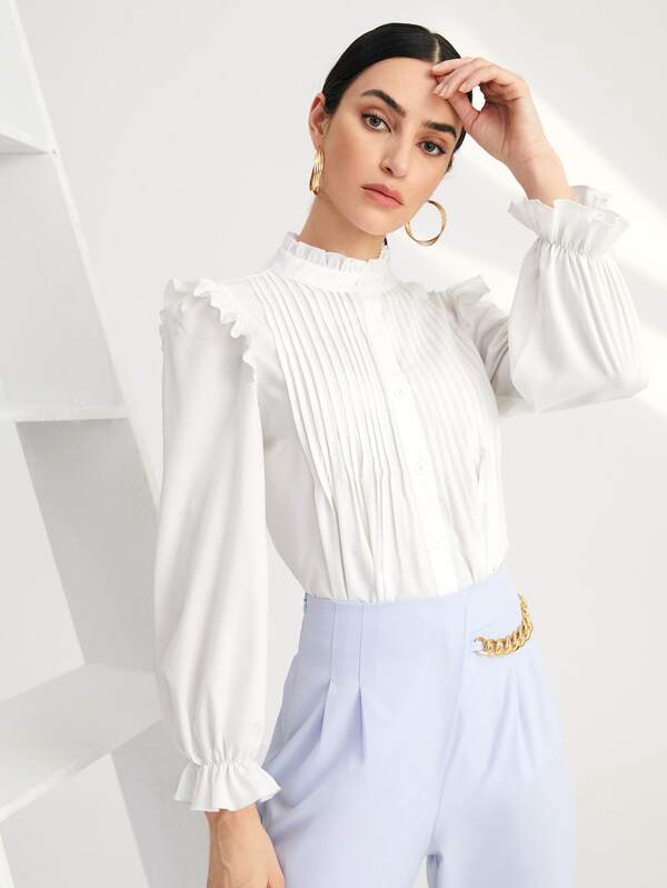 Modelyn Solid Pleated Ruffle Trim Blouse