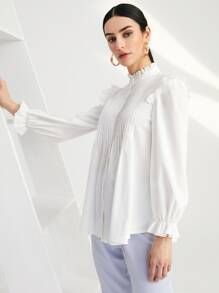 Modelyn 净色褶饰荷叶边衬衫 - 白色 - 查看 3