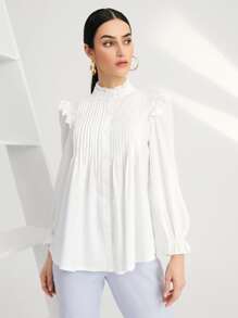 Modelyn 净色褶饰荷叶边衬衫 - 白色 - 查看 5