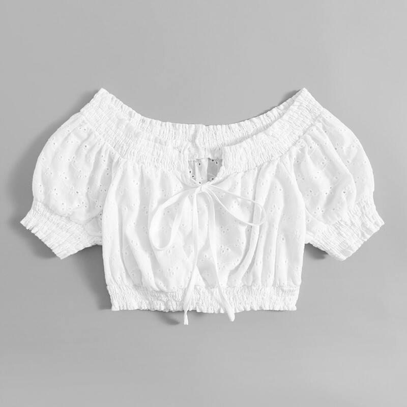 

Eyelet Embroidery Tie Front Crop Top, White